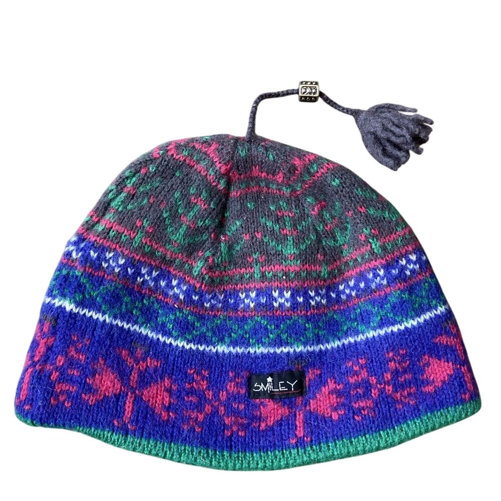 Smiley Wool Ski Hat SZ S/M Grey Purple Green Pink